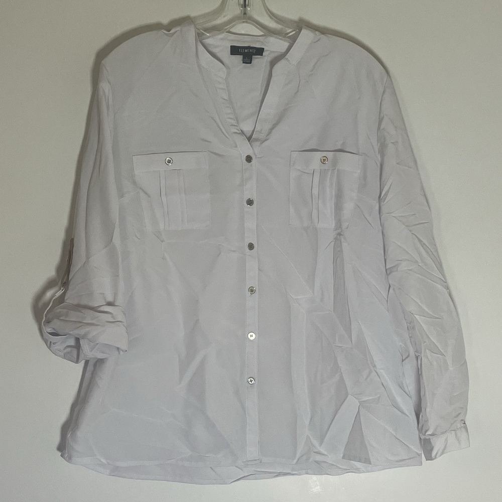 Elementz Top Womens Large White Button Up Roll Tab Sleeve Mock Neck Shirt Casual